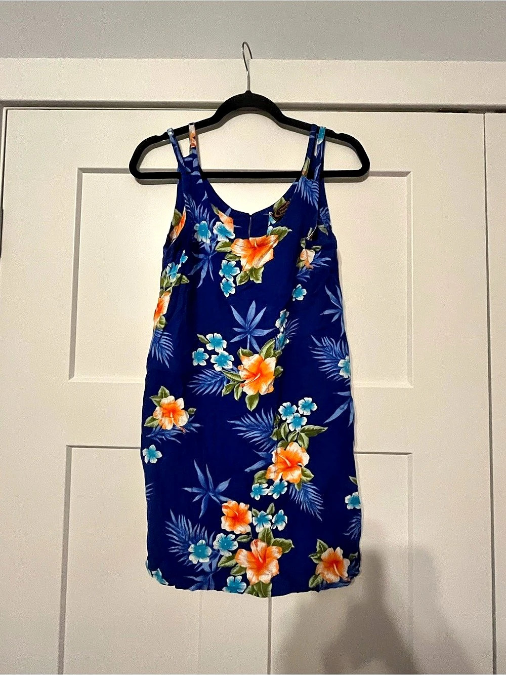 Tiki Palm Floral Mini Dress Blue & Orange Medium Tropical Island Vacation